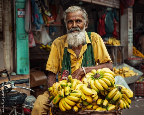 An elderly street vendor with a warm smile sells ripe bananas from his bicycle cart in a local market. photo