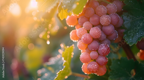 A close-up shot of a grape cluster on the vine covered in morning dew.