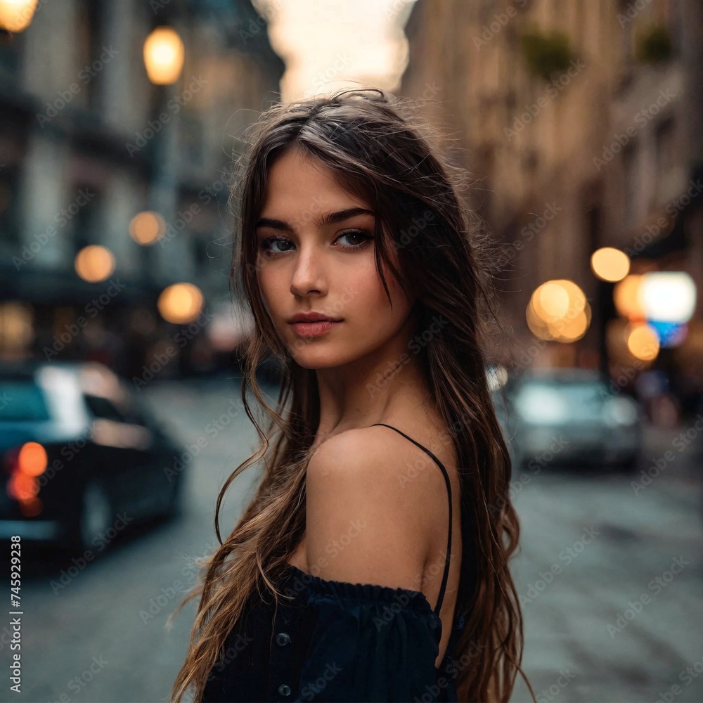 A young, pretty girl from the city, beautiful, expressive eyes. Girl on a walk