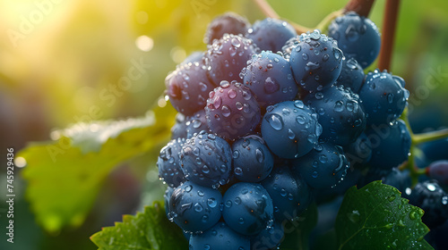A close-up shot of a grape cluster on the vine covered in morning dew.