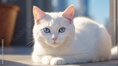 A cute white cat with the scene mixes vibrant, detailed colors, creating a visually impressive image