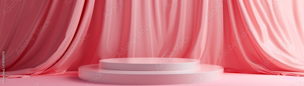 A geometric empty podium adorned with a textile fabric drape on a pink background, providing an elegant display for product, cosmetic, and perfume presentations.