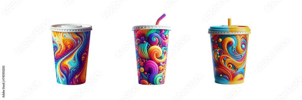 Fototapeta premium Set of drink cup mockup preview image, in the style of colorful, illustration, isolated over on transparent white background