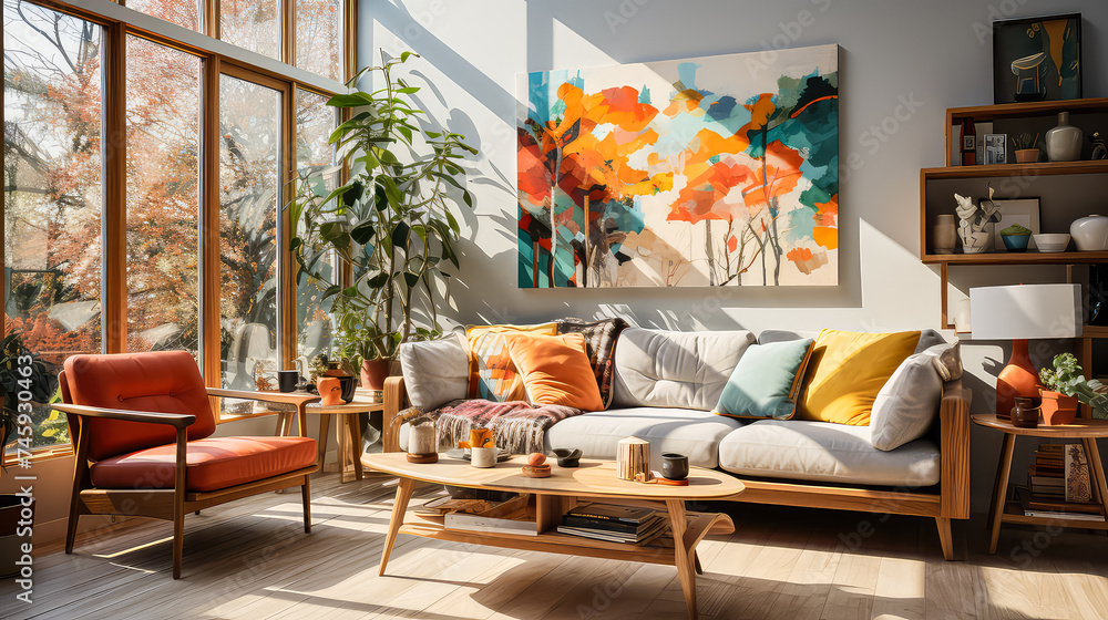 3D Render Creating a Cozy and Beautiful Living Room: Design Ideas with Vintage Pop Color and Mid Century Modern Style for Resident's Relaxation in Sunny Light. - obrazy, fototapety, plakaty 