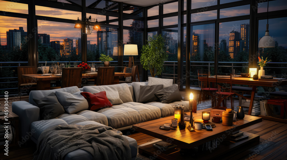 Modern Urban Living background: Small Apartment Room with a Cityscape View, lifestyle concept Modern Urban Living background: Small Apartment Room with a Cityscape View, lifestyle concept