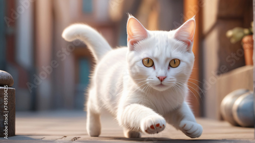 A cute white cat with the scene mixes vibrant, detailed colors, creating a visually impressive image