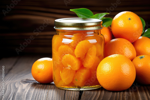 Canned oranges. Jar with canned orange and fresh oranges on a wooden table 