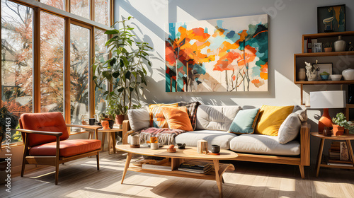 3D Render Creating a Cozy and Beautiful Living Room: Design Ideas with Vintage Pop Color and Mid Century Modern Style for Resident's Relaxation in Sunny Light. photo