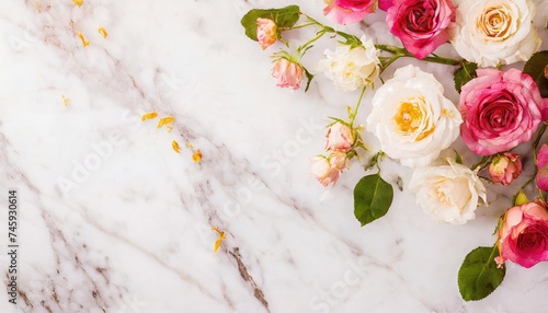 Roses scattered on a white Carrara marble, emphasizing contrast and elegance. Valentines, mothers day