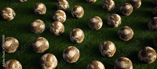 A collection of worn old footballs on artificial grass. Lit by sunlight.