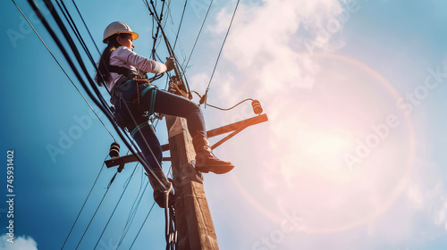 High voltage power female electrician works in live wires on a high pole. On a quest for reliable power, a woman conquers towering heights.