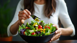 Closeup Woman Eating Healthy Food Salad. Focus.