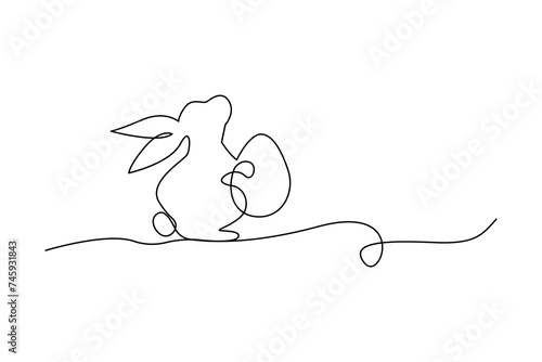 Rabbit holds Easter egg. One line minimalist design. Joyful spring symbol. Vector illustration. EPS 10.