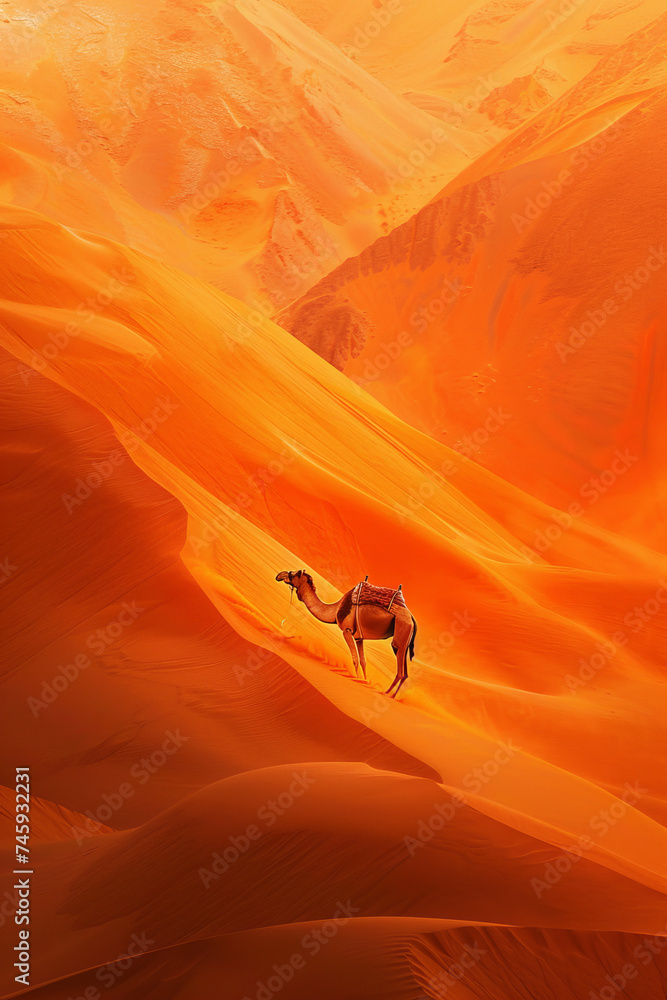 Obraz premium a camel standing on the dunes in the desert.