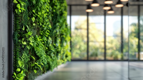 Green living wall with perennial plants in modern office space with big windows