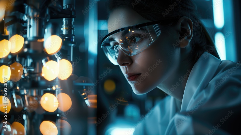 Laboratory technician bioengineer in futuristic lab making scientific research with state of the art equipment wearing safety gown and transparent glasses