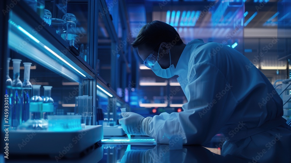 Laboratory technician bioengineer in futuristic lab making scientific research with state of the art equipment wearing safety gown and transparent glasses Laboratory technician bioengineer in futuristic lab making scientific research with state of the art equipment wearing safety gown and transparent glasses