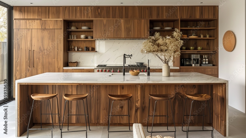 Minimalist kitchen accentuated by rich wooden materials, earthy tones and natural textures create a welcoming