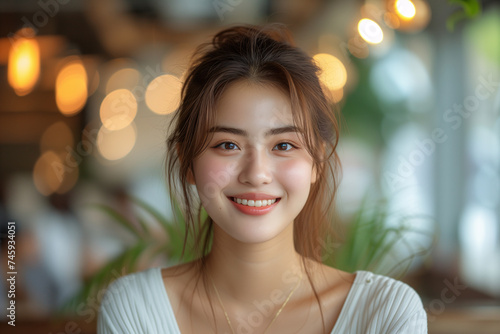 A young Asian woman with a captivating smile, dressed casually, enjoys a relaxed moment in a café with warm ambient lighting. © Old Man Stocker