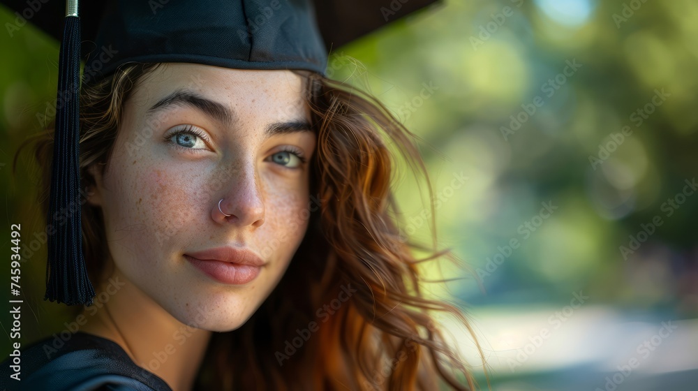 Close-up Portrait of a Confident Young Woman in Graduation Cap with Natural Backlight