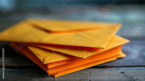 Stack of Yellow Envelopes on Wooden Surface with Shallow Depth of Field - Office, Correspondence, and Business Concept photo