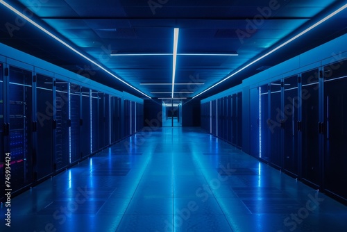 Symmetrical view of a data center with server racks and blue lighting