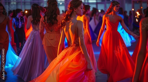 Elegant Women in Colorful Evening Dresses Dancing at Sophisticated Gala Event in Dimly Lit Ballroom photo