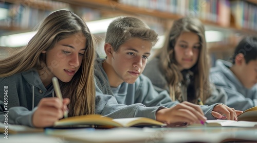 Group of Teenage Students Focused on Studying Together at Library Table with Books