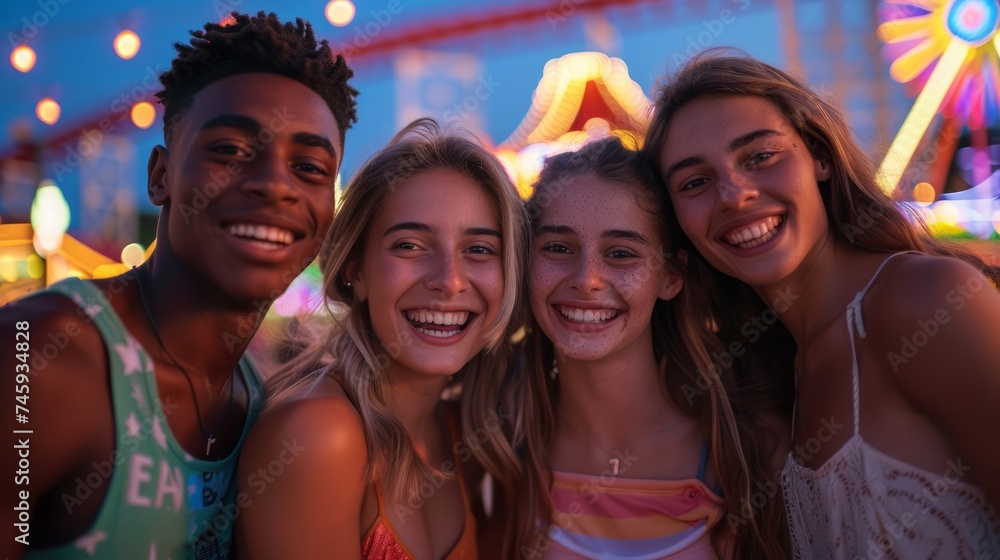 Group of Happy Young Friends Enjoying Evening at Amusement Park With Colorful Lights