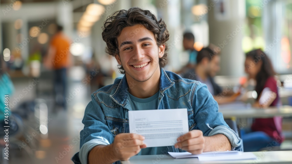 Young Male Student Smiling with Paperwork in University Campus Environment - obrazy, fototapety, plakaty 