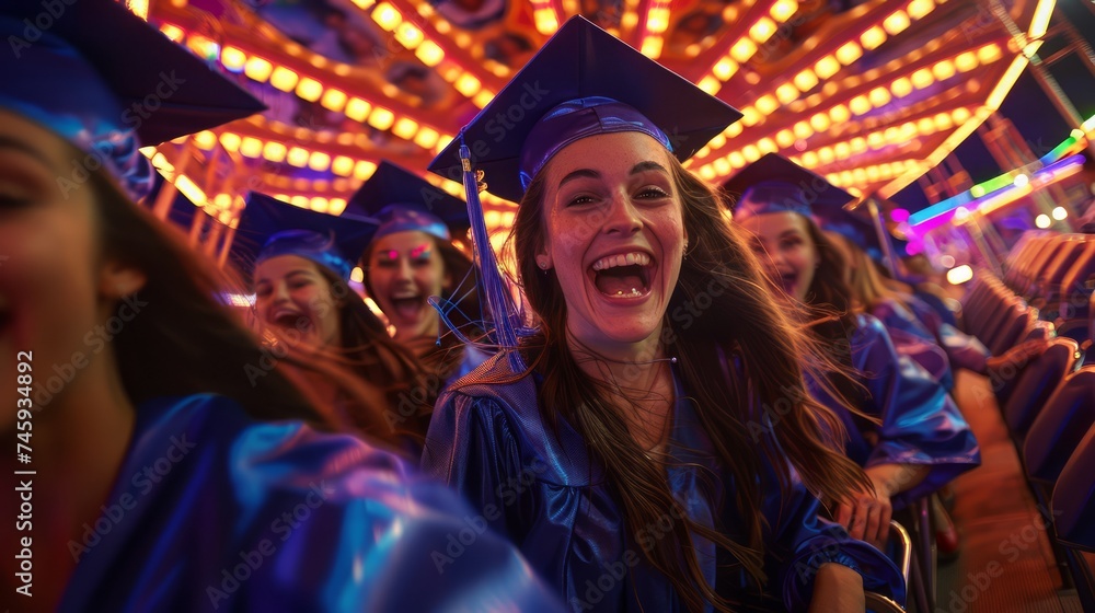 Joyful Young Female Graduate Celebrating Achievement at Amusement Park With Friends in Caps and Gowns