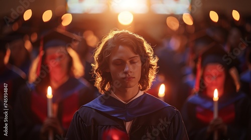 Serene Young Graduate in Blue Gown Holding Candle at Twilight Convocation Ceremony with Fellow Students