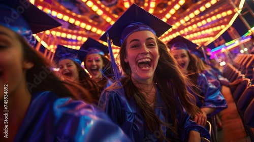 Joyful Young Female Graduate Celebrating Achievement at Amusement Park With Friends in Caps and Gowns photo