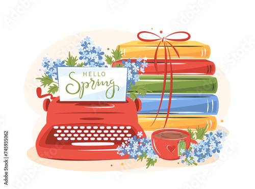Books, vintage typewriter, cup of tea with spring flowers. Design elements for bookstore, festival or advertising. Vector illustration