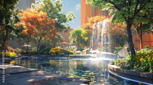 autumnal Urban Oasis. Vibrant autumn trees around a serene urban pond with a modern waterfall © banthita166