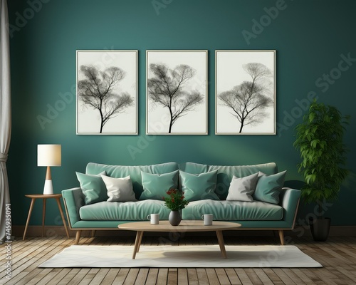 3 poster frames in green living Room. © Suwanlee