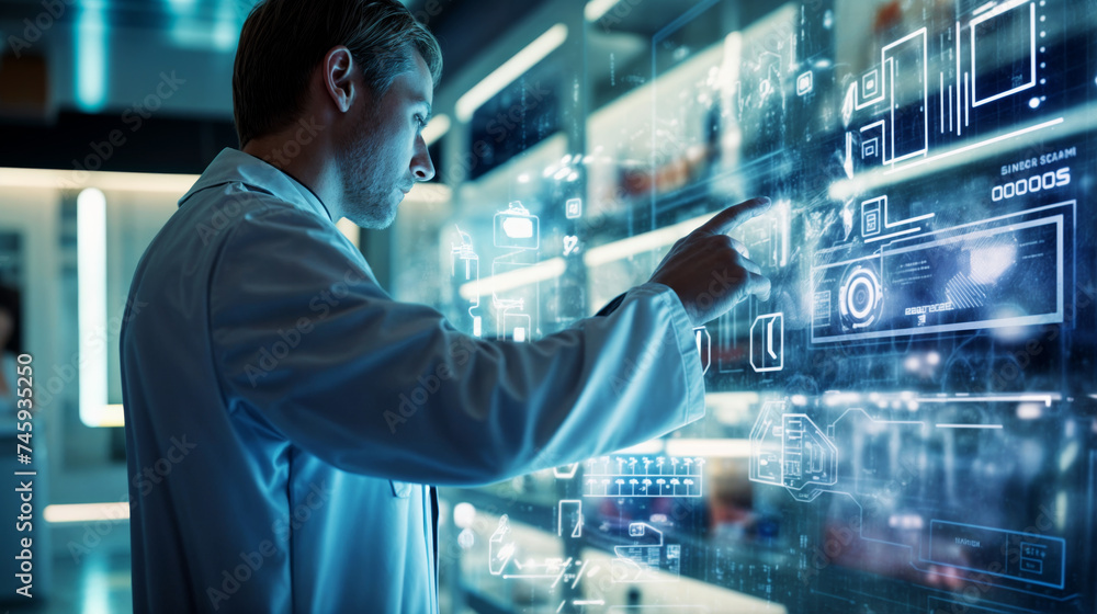 Focused Scientist Engaging with Holographic Interface in Modern Laboratory Focused Scientist Engaging with Holographic Interface in Modern Laboratory