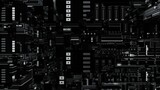 Monochrome cityscape with patterned circuit board facade in the darkness