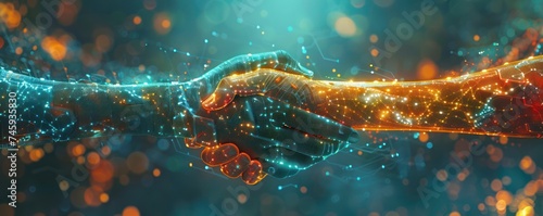 A close up view of a digital handshake between a man and a woman encapsulating the essence of trust and mutual understanding in the world of business collaborations photo