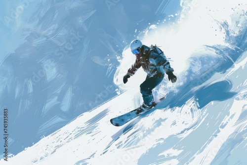 Thrill seeking snowboarder on a downhill descent