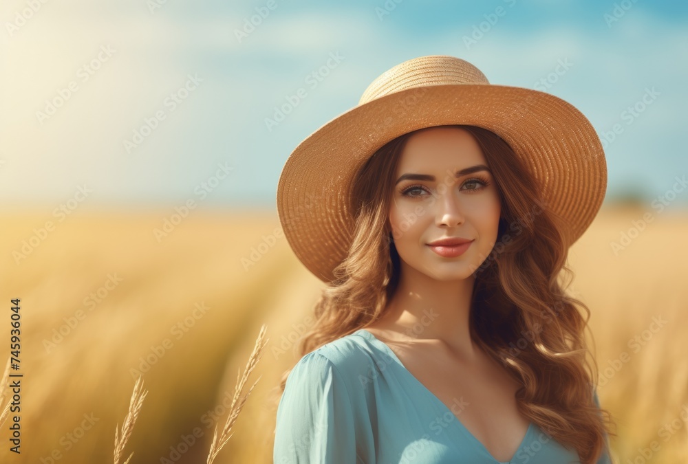 A woman in a straw hat and blue dress standing in a golden wheat field under a sunny sky