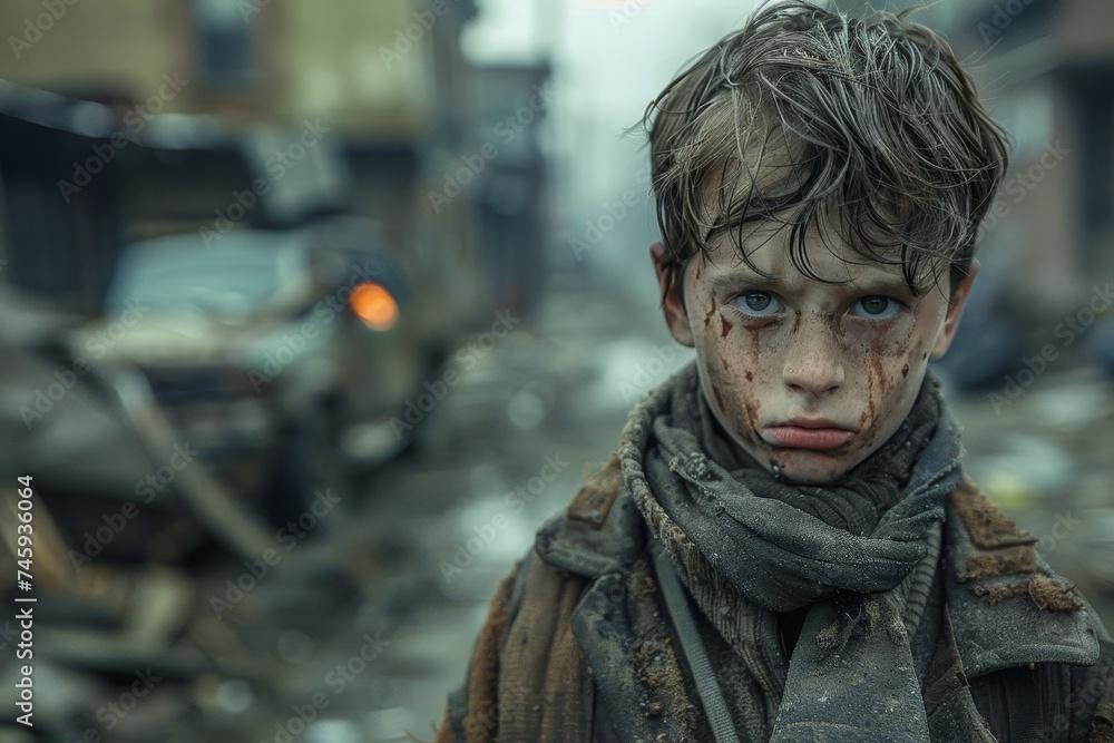 Obraz premium A somber depiction of a young child's survival in a post-apocalyptic world surrounded by ruins and destruction