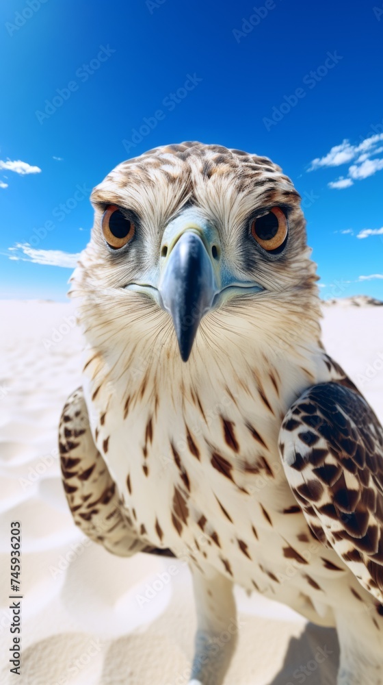 Obraz premium Close-up of a hawk in a desert, looking directly at the camera with a clear blue sky in the background