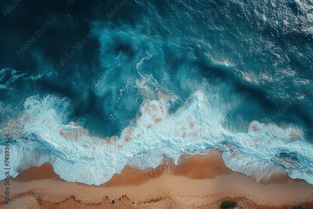 Obraz premium Aerial shot capturing the dynamic interaction between ocean waves and a sandy shoreline, featuring vibrant hues and textures