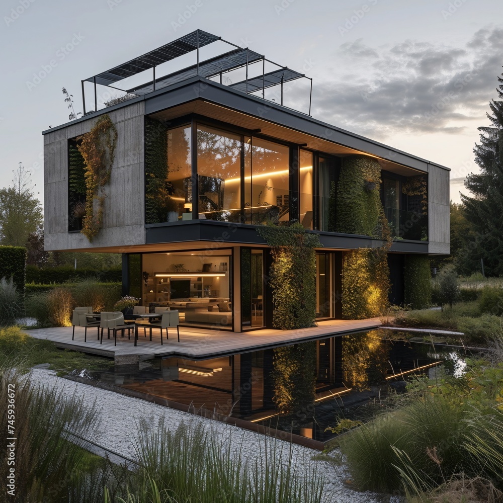 A modern, two-story house featuring expansive glass windows and a rooftop garden that merges with the surrounding greenery A modern, two-story house featuring expansive glass windows and a rooftop garden that merges with the surrounding greenery