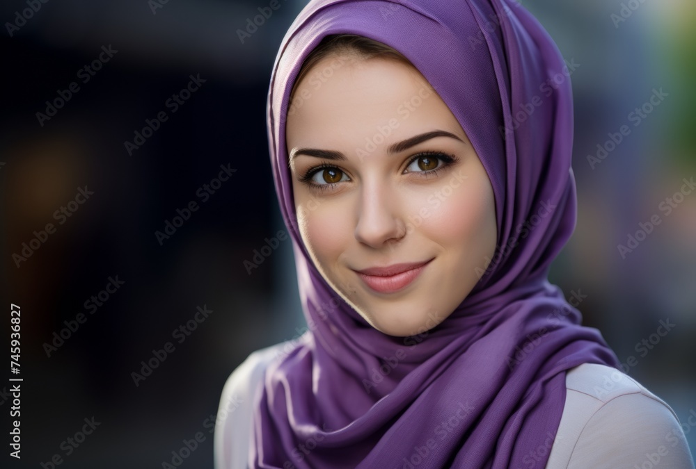 portrait of a beautiful Muslim lady in purple hijab looking at the camera and smiling portrait of a beautiful Muslim lady in purple hijab looking at the camera and smiling