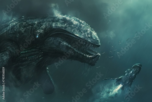 A kraken and a technologically advanced whale fight under the sea their confrontation steered by AI s cold logic photo