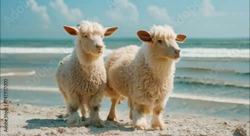 a pair of goats on the beach footage photo