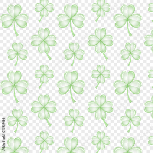 Seamless pattern transparent green clover leaf. St Patrick s Day symbol  Irish lucky shamrock. Endless repeated backdrop  texture  wallpaper