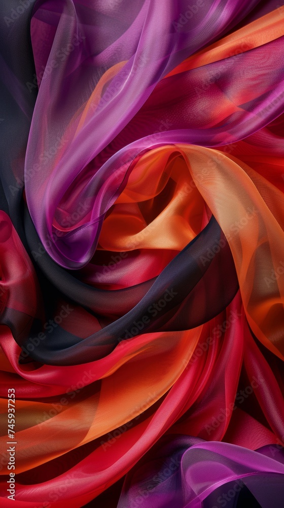 Fototapeta premium A close-up view of flowing, colorful silk fabric in shades of purple, orange, red, and black, creating a vibrant and dynamic texture